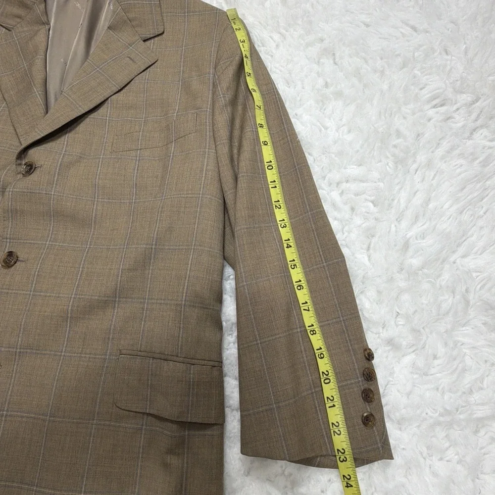 HERMES Mens Sport Coat Blazer Beige Tan Windowpane Checked 42R Wedding Flaws**